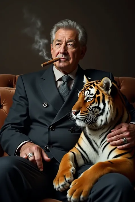 A middle-aged man with a dignified, boss-like presence, sitting on a luxurious sofa in a dark-hued double-breasted suit, smoking a high-quality Havana cigar in his mouth, and stroking the head of a Bengal tiger on his lap with his rough, ring-covered hands...