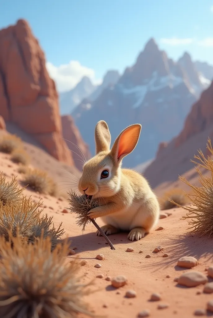 A Small Rabbit with Prominent Fangs in the Arid Valley – Realistic Style:
The light-brown, petite rabbit crouches in a barren mountain valley, its small, sharp fangs glinting as it gnaws on a thorny shrub’s parched leaves. Ears twitching nervously, eyes da...