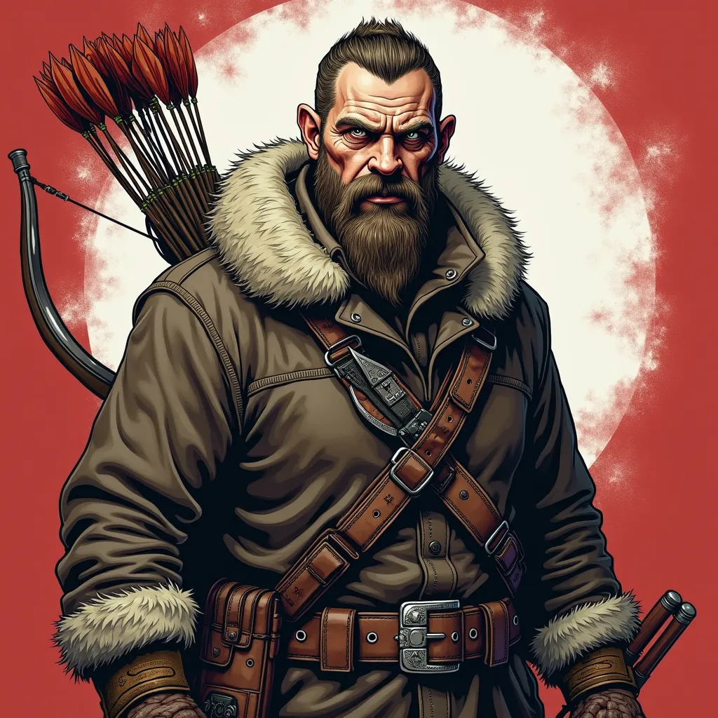 A picture of a rough skinned lumberjack, with scaly skin from years of being outdoors.
a leather shirt with a fur-lined robe, practical for extreme environments.
a bag of arrows tied on their back and a long bow in their hand, with a decorative hunting kni...