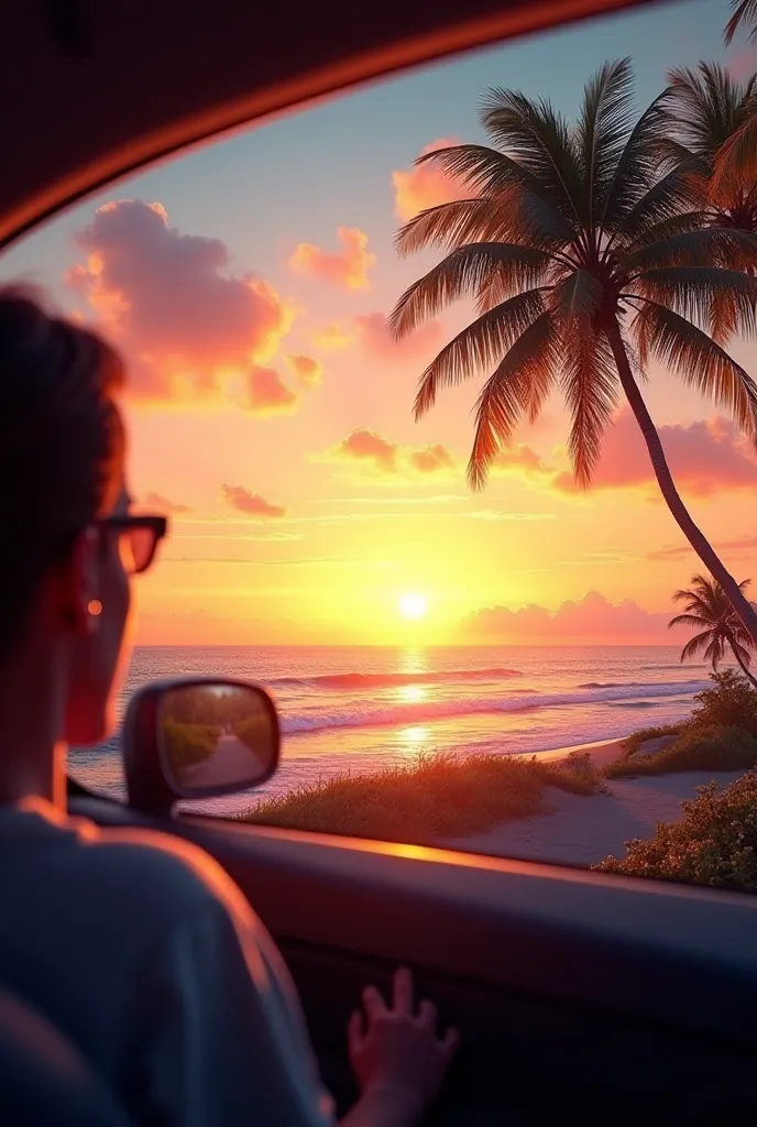 From a car you can see the sunset on the sea with palm trees 