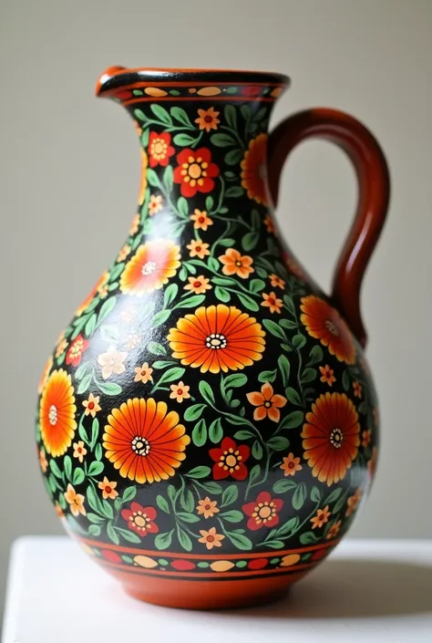 Generate a photo of a clay jug, which is painted in Petrykivsk painting. Color:  red , green,  Yellow , black. 