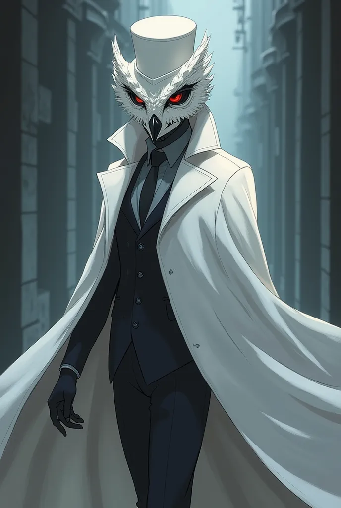 anime white owl mask dedective white white cloak and costum and a white top hat