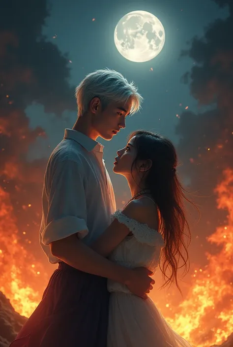 Create an image of a boy with white hair and bright blue eyes looking at the moon, protectively taking an Asian girl away from the flames behind them.