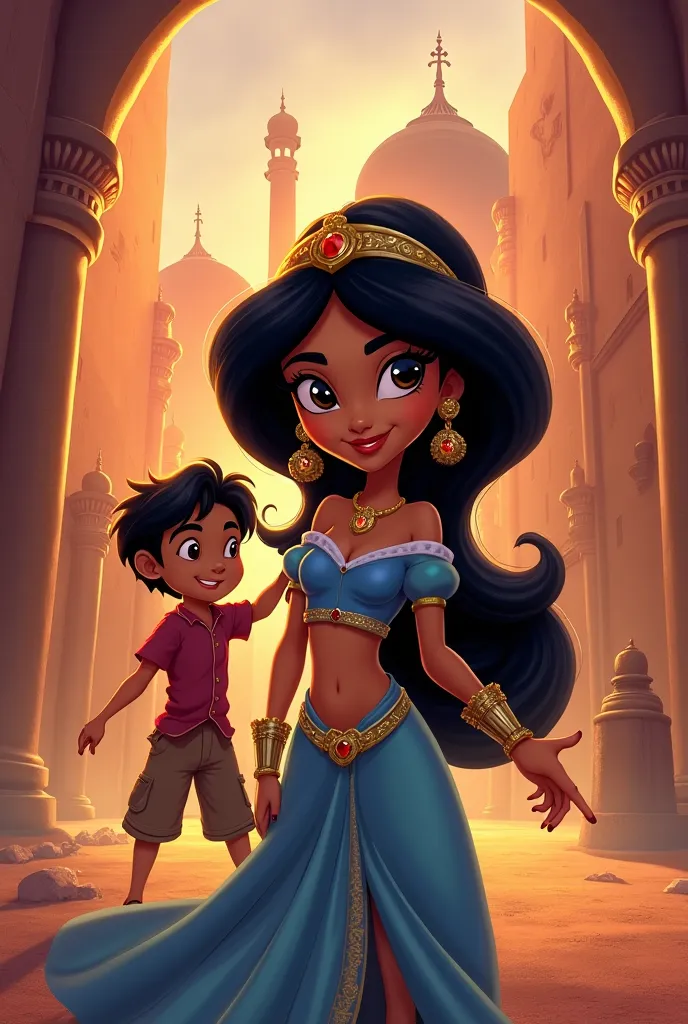 une affiche disney pixar avec pour nom « jasmine et aladin » avec une fille qui s’infiltre en tant que voleuse qui est donc la princesse Jasmine et Aladin a ses côté 