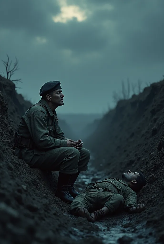 A soldier sitting in a trench looking at the cloudy sky at night with another massacred soldier next to him 