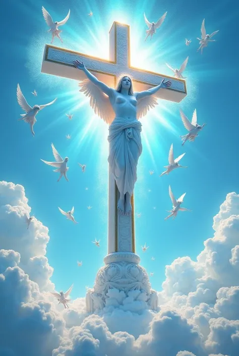 A huge cross in a blue sky full of angels. 