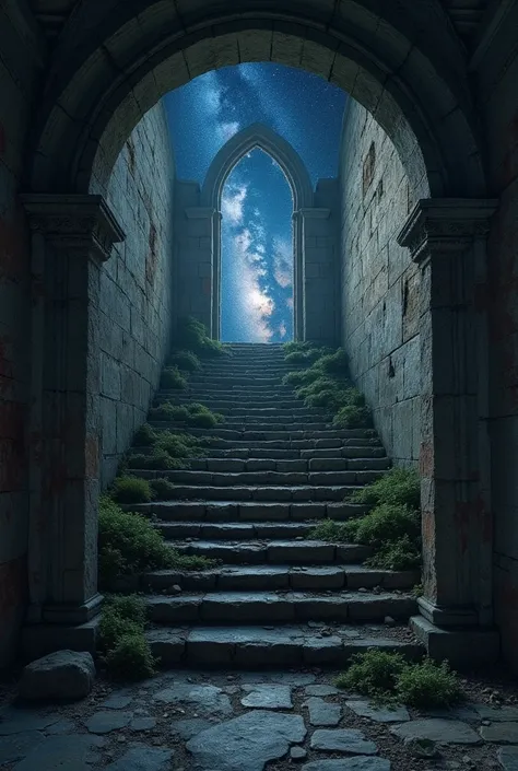 I would like you to create an image of the stairs leading to the top of the Romanesque Gothic tower in which the Milky Way enters through the destroyed Gothic windows I want the image to be as dark as possible as well as for the observer of the painting to...