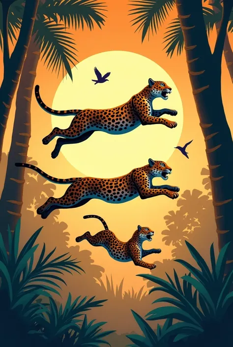 – Jumping Jaguars
"J is for jaguars, leaping so high!"
Prompt: Sleek, spotted jaguars leaping between colorful jungle trees, each mid-air in a playful pose. The background has a golden sunset, and birds fly around in excitement.