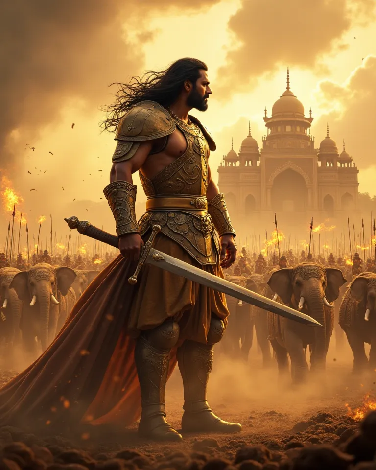 "A grand, cinematic battle scene inspired by 'Baahubali.' In the foreground, a mighty warrior (similar to Prabhas as Baahubali) stands tall on a battlefield, wearing golden armor, holding a massive sword in one hand and a war shield in the other. His expre...