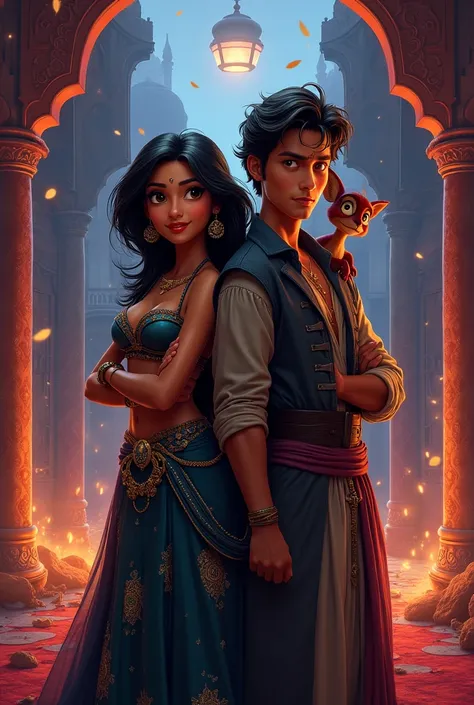 une affiche disney pixar avec titre « Jasmine et Aladin »de Jasmine adulte avec une tenue de voleuse et Aladin adulte avec son singe Abou sur son épaule 