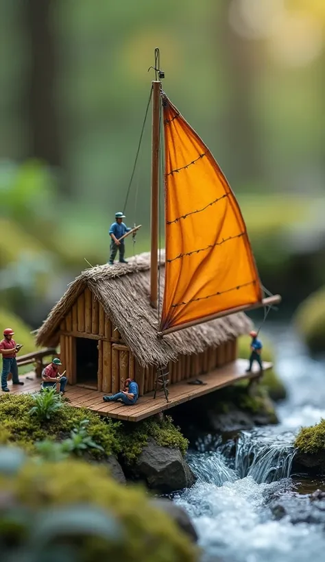 A professional macro photograph of tiny sail house and tiny miniature workers with 9 microscopic human workers construction on a tiny sail house and the Roof of thatched house, work like human and describe this promt to yourself ... near the tiny water flo...