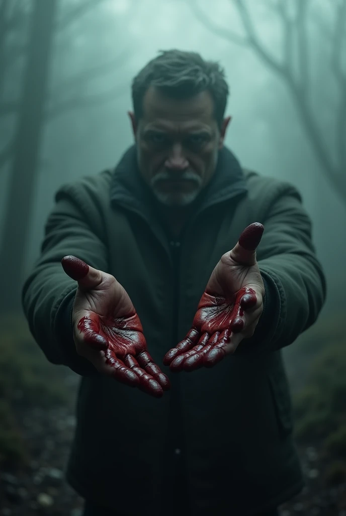 the background is foggy and dark only the hands of the man whose hands are visible are bloody. create a picture like this