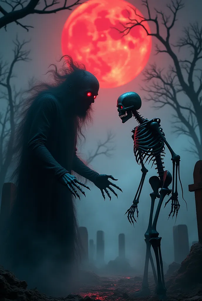 "Create an intense and eerie scene where a Shadowman and a Skeleton stand face-to-face, locked in an angry confrontation. The Shadowman, a dark, faceless figure with a swirling, smoky form, has glowing red eyes that pierce through the darkness. His body is...