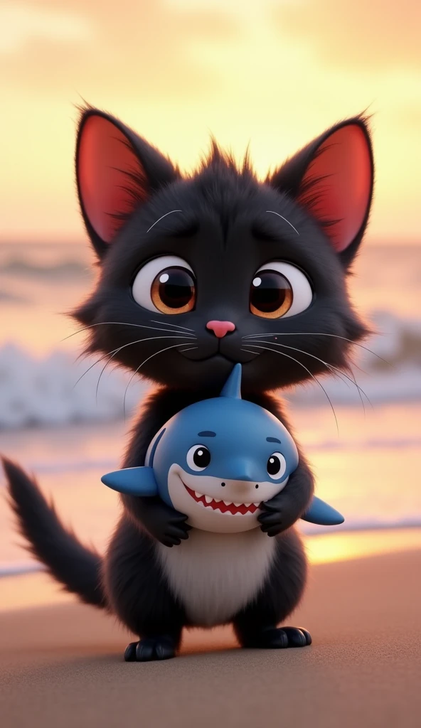 A cute, animated black cat with large, expressive eyes and a white belly, designed in Pixar style. The cat should appear friendly and endearing, with soft, fluffy fur and a playful expression. A small cartoon shark with wide, curious eyes and smooth, round...