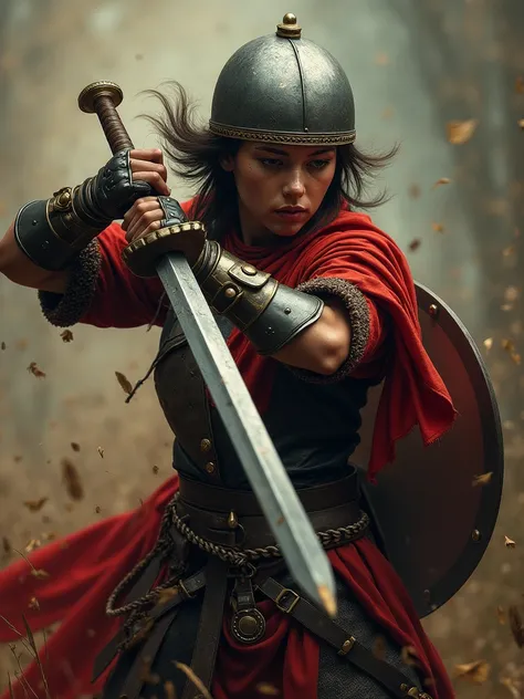 photorealistic image {1 Slavic warrior girl in an iconic attacking position, peasant clothes with chain mail and harness. in a helmet, swinging sword in an expression of anger (wave your sword),  perfect proportional anatomy , dark short hair, hold a shiel...