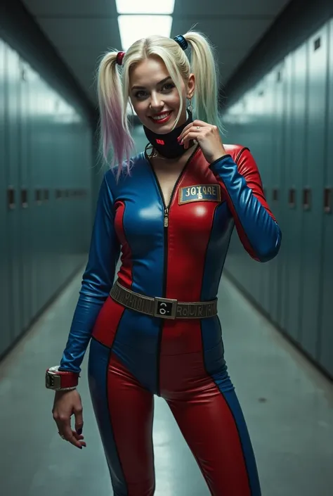 Create an image of Harley Quinn dressed in uniform from the round 6 game she is taking off her mask