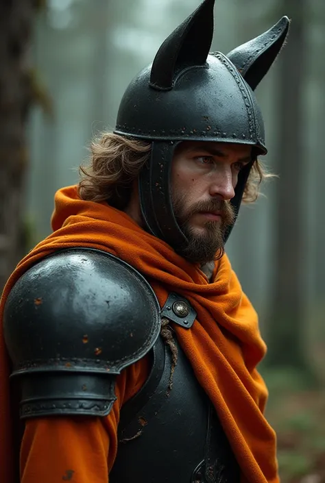 A knight in orange and black armor and a helmet that resembles a stylized fox. He has slightly long wavy brown hair and a brown beard, The eyes are red . He is in a forest while hiding from a dark creature that hunts him down