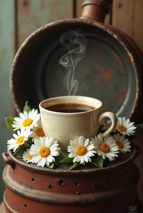 A cup of coffee with daisy flowers in a cooking machine