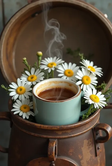 A cup of coffee with daisy flowers in a cooking machine