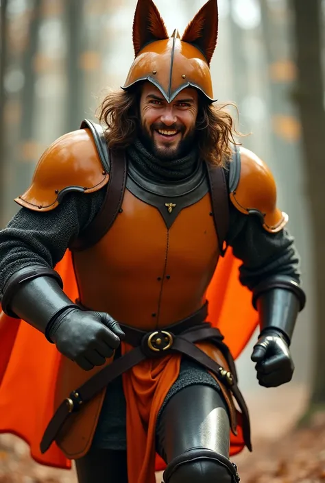 A knight in orange and black armor and a helmet that recalls a stylized fox. He has slightly long wavy brown hair and a brown beard, The eyes are red . He is in a forest while running away with a mischievous smile. 