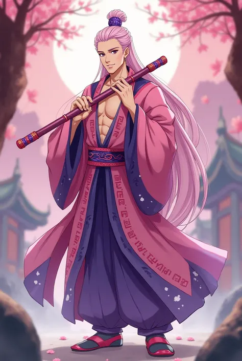 Anime character handsome man, old Chinese, long pink hair, purple jewelry on his head, wearing a pink shirt with purple, showing his chest, pink and purple pants, Chinese antique Chinese shoes, pink and purple series, holding a pink and purple flute, backg...