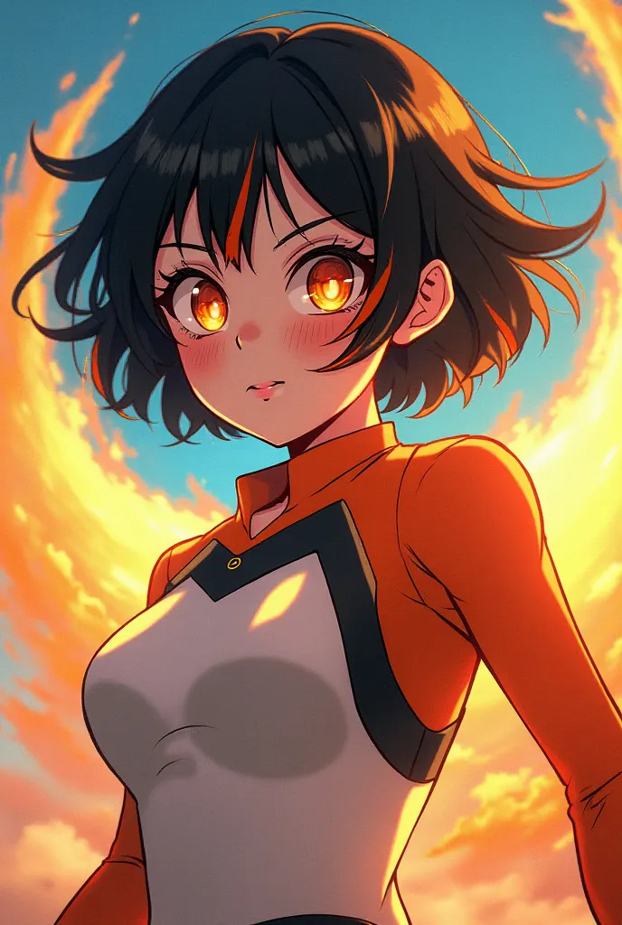 Create a Boku no Hero anime-style character. She must have short black hair with orange highlights. Orange eyes and rosy cheeks. The character must have a strong but also angelic air