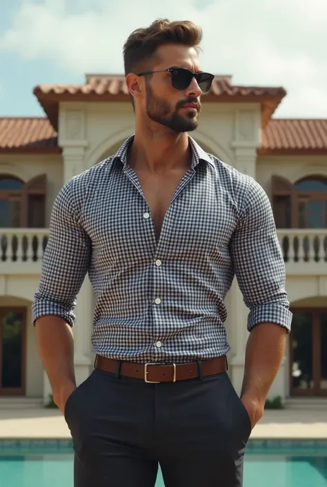 Cool guy, 30 years old, Six-pack, checkered shirt, well dressed , standing in front of a gigantic luxury villa