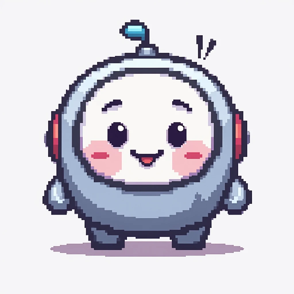 A pixel art-style logo featuring a cute, futuristic mascot with a round head, two big expressive eyes, and a small antenna on top. The design should be minimalistic, using a limited color palette with soft shading to create a retro 8-bit or 16-bit aestheti...