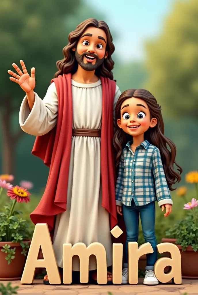 a cartoon of Christ in his white and red clothes. Next to him is a girl. in front of them is written a name "Amira" Three-dimensional wood, the girl has long curly hair and wears a blue shirt with white plaid, jeans and white shoes. The background is garde...