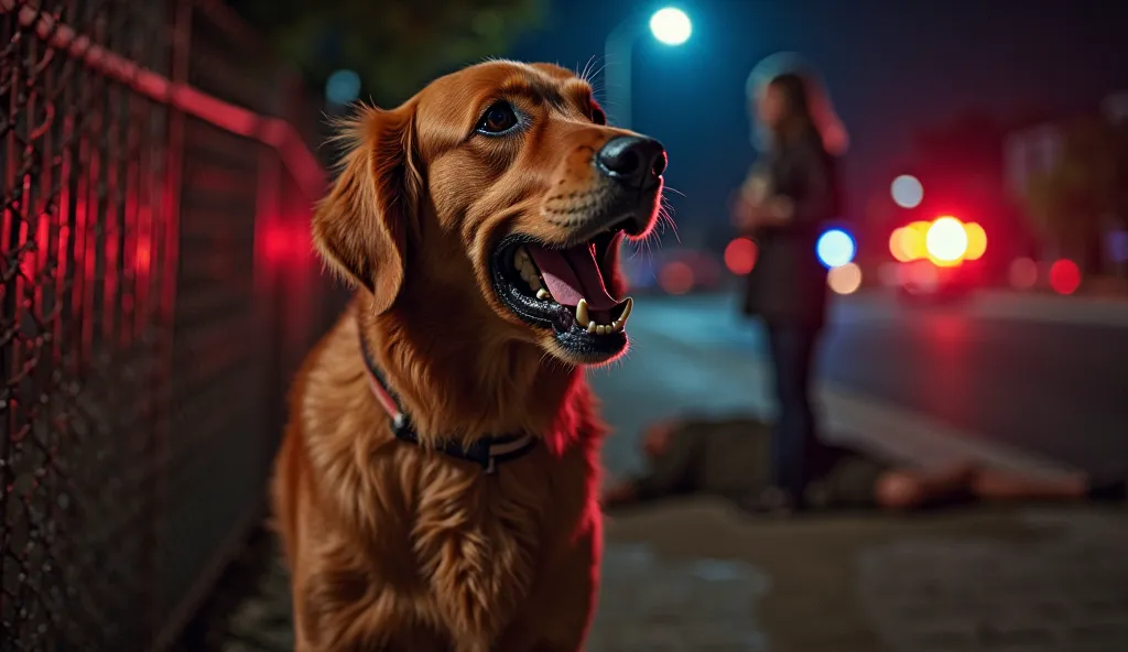 Main Focus: A golden retriever (Jack) barking intensely at night, standing near a fence. His eyes are glowing slightly in the dark, making him look alert and determined.
Background: A mysterious shadowy figure lying on the ground, partially hidden behind t...