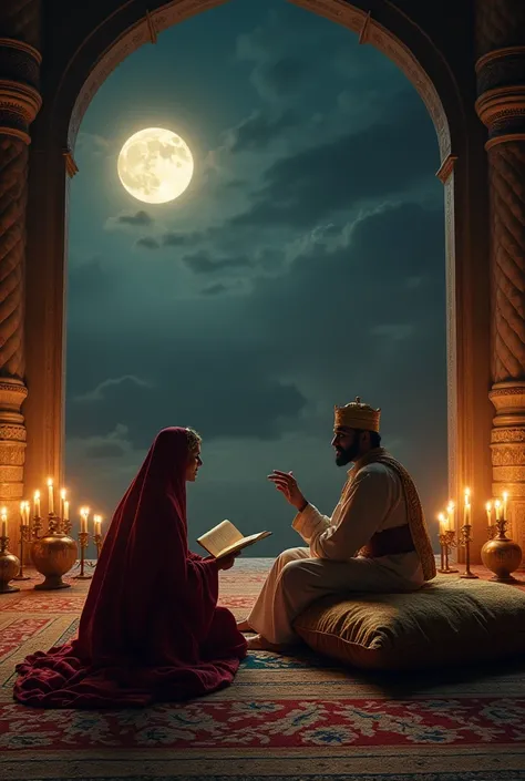 प्रॉम्प्ट: A moonlit palace chamber, Scheherazade sitting on a golden cushion, animatedly telling another fascinating story. King Shahryar leans forward, completely captivated, while soft Persian lamps create a warm glow in the elegant room.