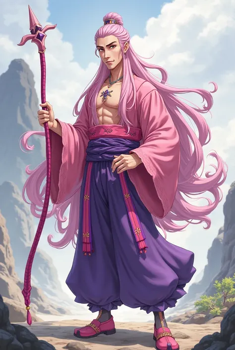 Anime character, handsome man, old Chinese, long pink hair, purple jewelry on his head, wearing a pink shirt with purple, showing his chest, pink and purple pants, Chinese antique shoes, pink and purple series, holding a pink and purple whip, the backgroun...