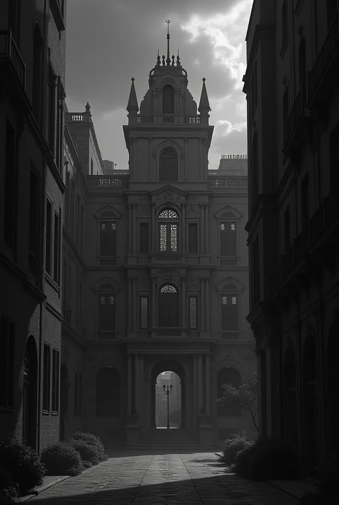 A villa in Cairo in black and white in a mysterious and dark atmosphere