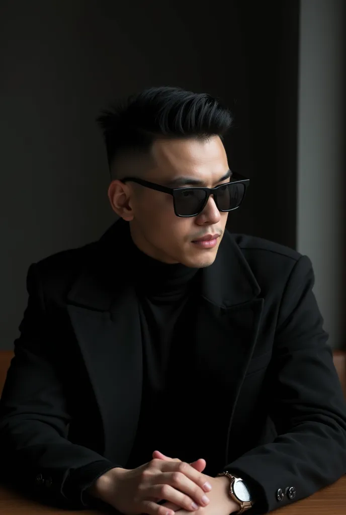 White male, black crew short slicked black hair cut,black sunglasses,black peacoat, black turtleneck, sitting behind a table,in a dark room 