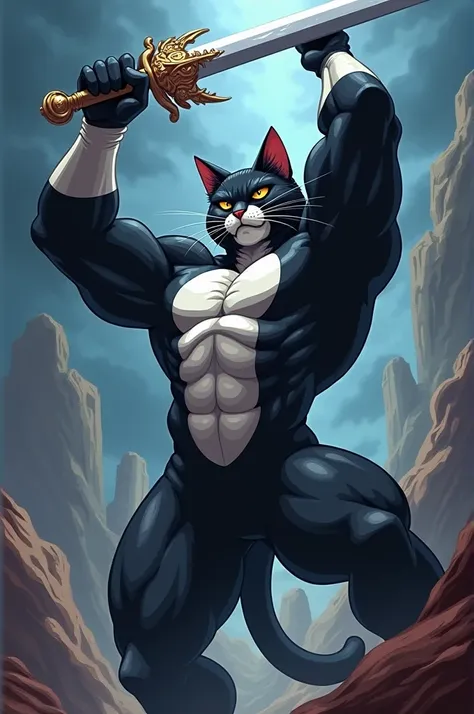 Tuxedo cat drawn like the cartoon thunder cats weilding a sword above his head very muscled