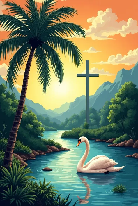 A flag with a river, a cross, a Corozo palm tree and a swan's head