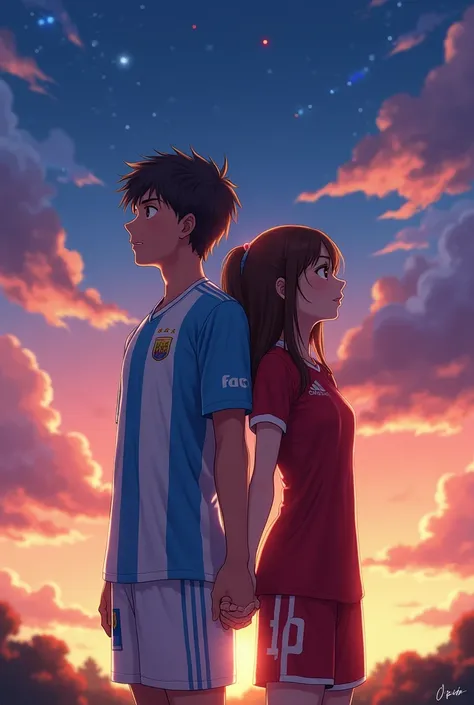 A couple in love the uniform of the Argentine football team, she wears the uniform of the Venezuelan Vinotinto. both back to back,  covers holding hands, his shirt says Sienna and hers says Fino. Facing a magical dusk and beautiful colors, with a shooting ...