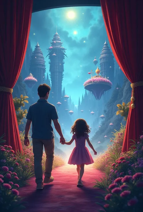  girl walks through a movie screen in a theater to another world with her father