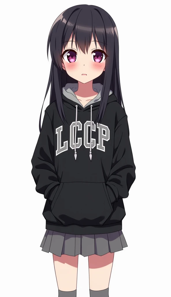 Japanese anime adolescent woman with long straight black hair and intense magenta eyes and wears a black hoodie, has gray laces on the hood and a light gray inner lining..  On the front side ,  you can see the letters  "LCCP " in an embroidered style with ...