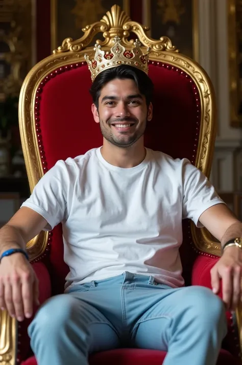 A young man sits confidently on a luxurious red throne and wears a gold crown. He is dressed in light blue pans and a t- shirt, showing a relaxed but elegance appearance, his hair is dark and he smiles warmly at the camera, exuding an air of royalty and ca...