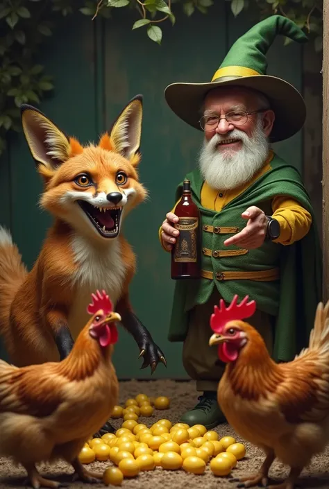 Create a 1080px wide by 1920px high image of a humanoid fox with a diabolical smile attacking chickens with very terrified faces in the chicken coop wanting to protect their golden eggs and an old man with a medium white beard also smiling as if enjoying t...