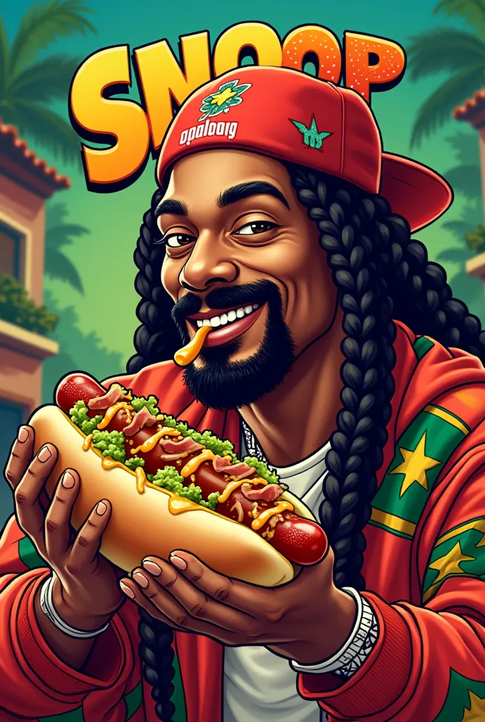 Create a logo about Snoop Dogg eating a mexican hot Dog with chorizo,bacón, guacamole, cheese AND ketchup