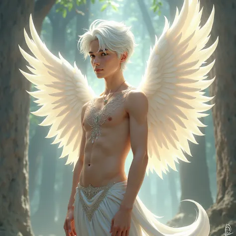 Male angel from Aparecia Jovem with white wings, brown skin,  slim body, smooth face,  short white hair,  white eyes.