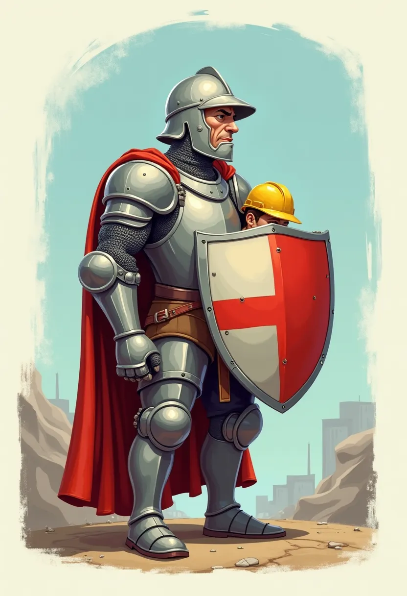 Cartoon-style side painting, a knight with half-bent legs puts his shield forward. Behind him is a worker in a yellow helmet and a white work robe. The worker hides behind the knight, and the knight protects him