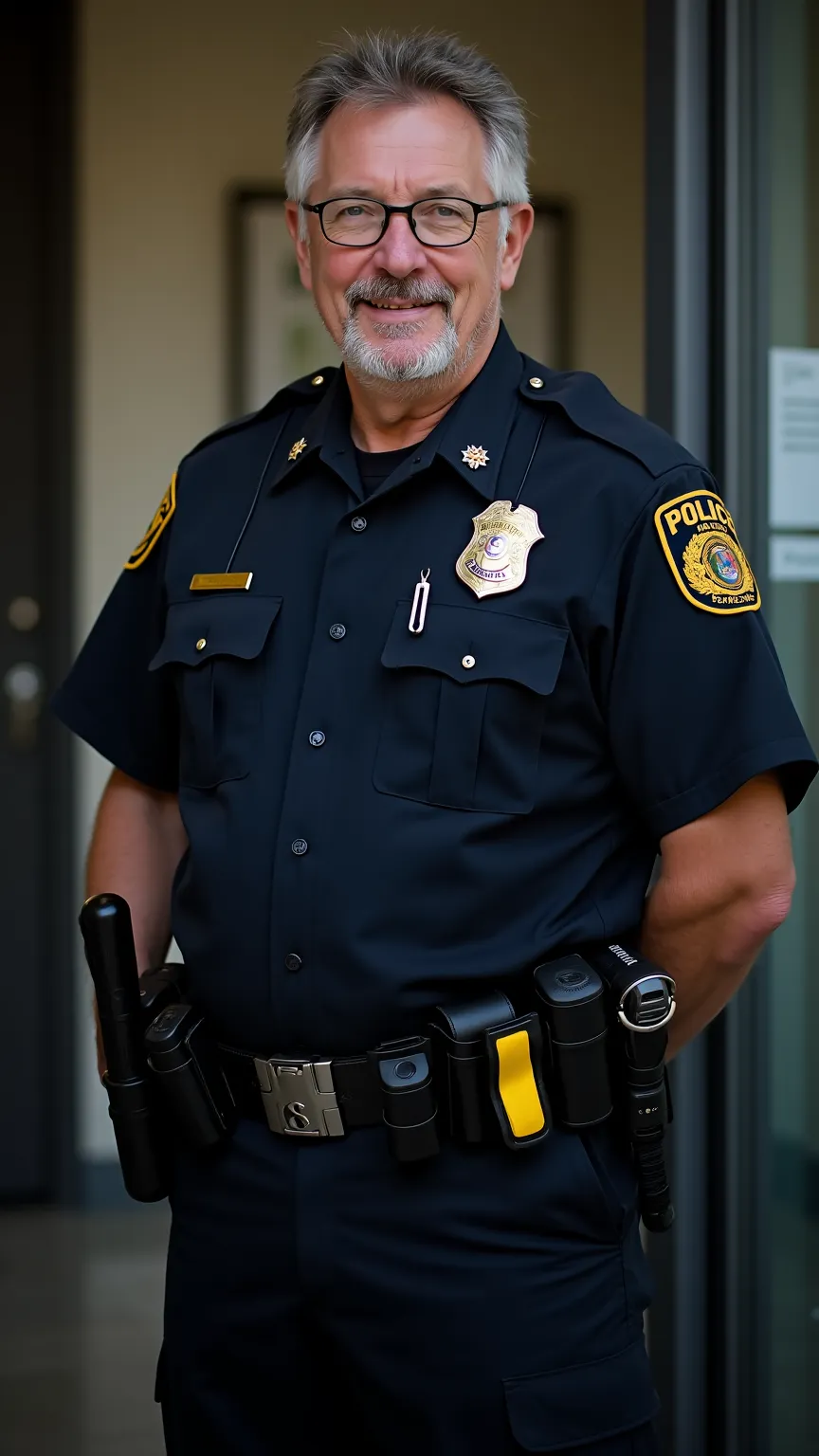 A 50-year-old police chief with a dad body, salt, and pepper hair, beard,glasses, wrinkles around the eyes and mouth.Dressed in a crisp navy blue uniform with a polished badge and police utility belt, they exude seasoned authority and experience standing i...