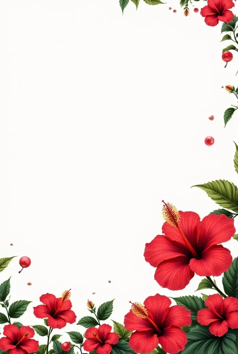 Lots of cherry red hibiscus flowers
- two leaves per flower are police green
- The flowers are located in the lower part of the image as a lower left frame 
At the top write the following sentence: "Cumbia is danced like this" with letters filled with blac...