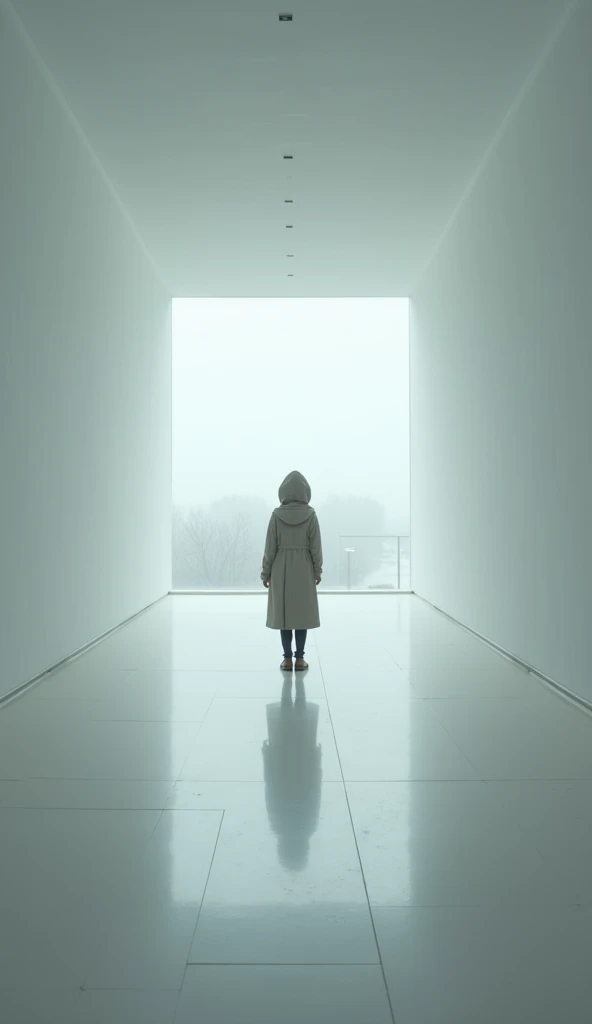 "A long, pristine white hallway inside a vast, empty museum. Large windows stretch across both sides, allowing faint, diffused daylight to filter in, casting soft reflections on the polished floor. The air is silent, almost unnaturally so, as if time itsel...