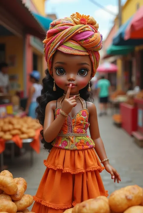 Ué create an image of a Brat doll dressed as a Bahiana from Acarajé making silence with her mouth 