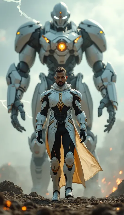 A warrior hovers above the shattered earth, clad in glossy, futuristic white, black, and gold armor, its sleek surface gleaming with an otherworldly brilliance. Behind him, a towering robotic counterpart looms—an immense, mechanical warrior mirroring his d...