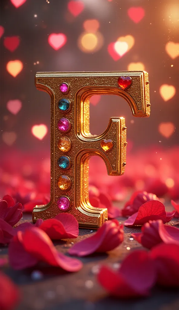   In the background there are illuminated hearts and rose petals. In the center, a large letter F made of gold, brightly colored stones.. high resolution , 